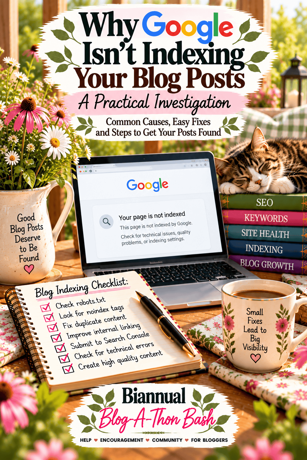 Lifestyle Pinterest graphic for investigating blog post indexing in Google Search Console.