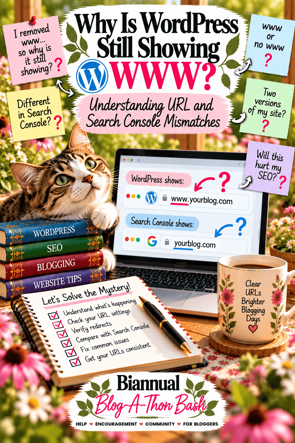 Pinterest curiosity pin illustrating wordpress www and search console url mismatches for Biannual Blog-A-Thon Bash